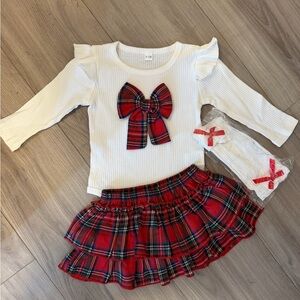 White Ruffle Sleeve Top with Red Plaid Bow & Skirt Set